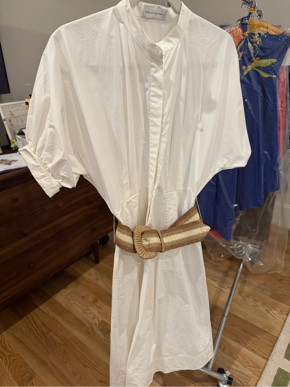 Rebecca Vallance size 4 white dress w brown woven belt